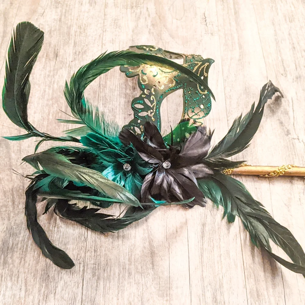 Venetian Cat Eye Ladies Masquerade Ball Mask on a Stick in Dark Emerald Green - Picture 3 of 6